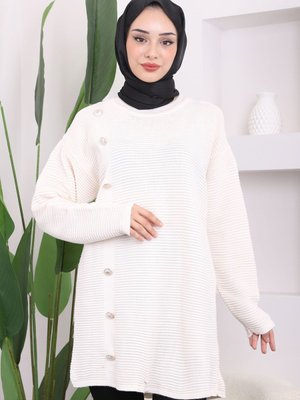 Krem Düğme Detaylı Gofralı Triko Tunik Krem Düğme Detaylı Gofralı Triko Tunik