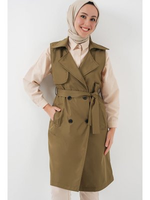 Haki Kruvaze Yaka Trençkot Yelek Haki Kruvaze Yaka Trençkot Yelek