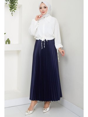 Lacivert Beli Lastikli Deri Görünümlü Sık Piliseli Etek