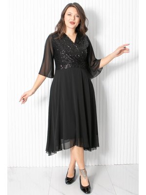 Siyah Pul Payet Detaylı Abiye Elbise