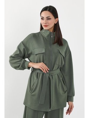 Haki Fermuarlı Cepli Swet Ceket,sw