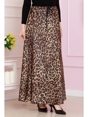 Hardal Beli Bağcıklı Leopar Desenli Etek Hardal Beli Bağcıklı Leopar Desenli Etek