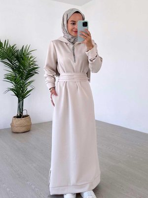Fermuar Detay Kapüşonlu Scuba Elbise Bej