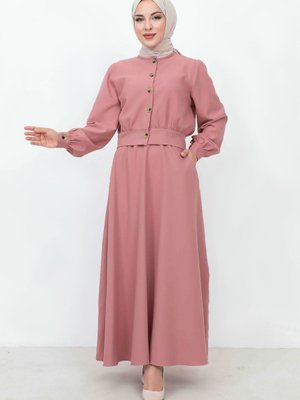 Eteği Cepli Düğmeli İkili Takım Pudra