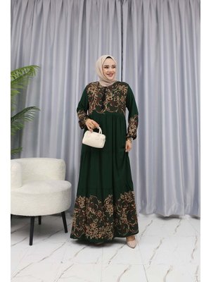 Zümrüt Yeşili Sulu Desen Elbise