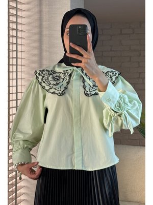 Su Yeşili Yakası Nakış Detaylı Tunik