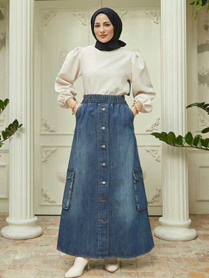 Denim Yan Cepli Etek Koyu Mavi Denim Yan Cepli Etek Koyu Mavi