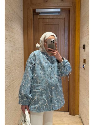 Mavi Payetli Kot Ceket