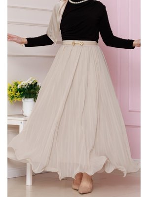 Bej Piliseli Şifon Etek Bej Piliseli Şifon Etek