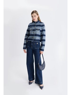 Lacivert Belina Dikiş Detay Gold Düğmeli Kot Ceket