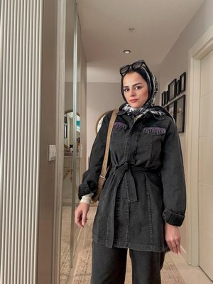 Kemerli Taş Detaylı Denim Gömlek İkili Takım Siyah Giyim