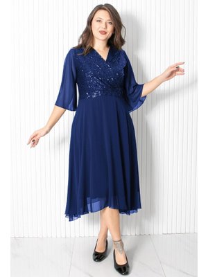 Lacivert Pul Payet Detaylı Abiye Elbise