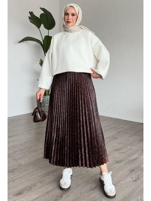 Büyük Leopar Desenli Piliseli Acı Kahve Etek Büyük Leopar Desenli Piliseli Acı Kahve Etek