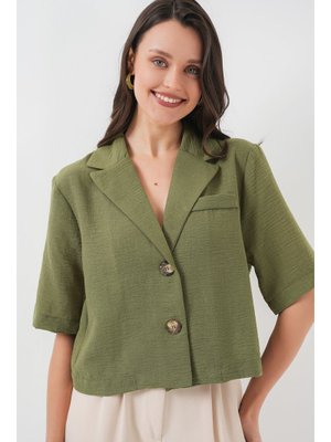 Haki Crop Keten Ceket Haki Crop Keten Ceket