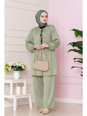 Mint Yeşili Önü Bağlamalı Pantolonlu Takım