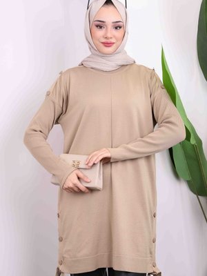 Vizon Düğme Detaylı Soğuk İplik Triko Tunik Vizon Düğme Detaylı Soğuk İplik Triko Tunik