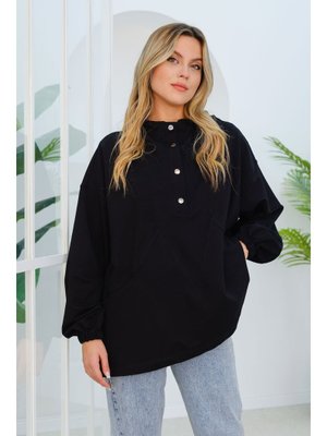 Siyah Dikiş Detay Çıtçıtlı Tunik