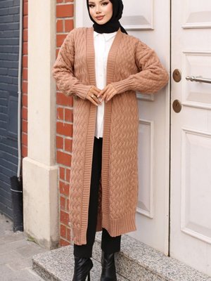 Saç Örgü Uzun Triko Hırka Vizon Saç Örgü Uzun Triko Hırka Vizon