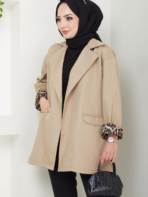 Leopar Detaylı Oversize Bondit Ceket Vizon Leopar Detaylı Oversize Bondit Ceket Vizon