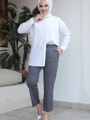 Zülal Beli Lastikli Cepli Pantolon Gri Zülal Beli Lastikli Cepli Pantolon Gri