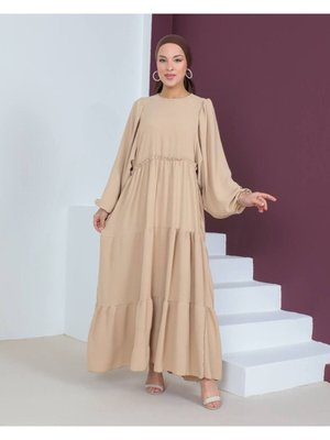 Bej Ayrobin Balon Kol Elbise