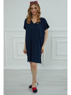 Lacivert Yırtmaçlı Penye Kısa Elbise,elb
