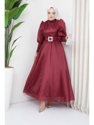 Bordo Balon Kollu Organze Abiye Bordo Balon Kollu Organze Abiye