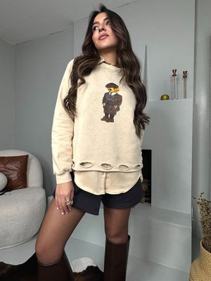 Taş Teddy Baskı Yırtık Detaylı Yıkamalı Sweatshirt