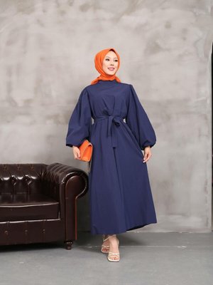 Lacivert Balon Kol Elbise Lacivert Balon Kol Elbise