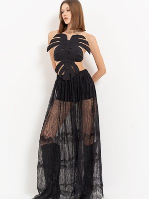 Siyah Bel Lastikli Dantel Uzun Etek