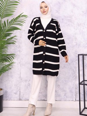 Fitilli Çizgili Triko Hırka Siyah Fitilli Çizgili Triko Hırka Siyah