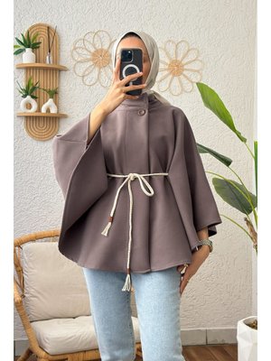 Koyu Kestane Örgü Kuşaklı Panço