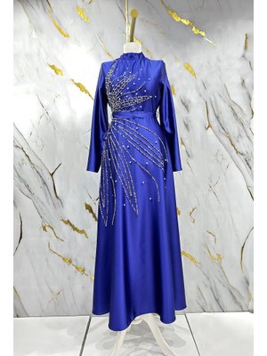 Lacivert Saren Saten Abiye Elbise Lacivert Saren Saten Abiye Elbise