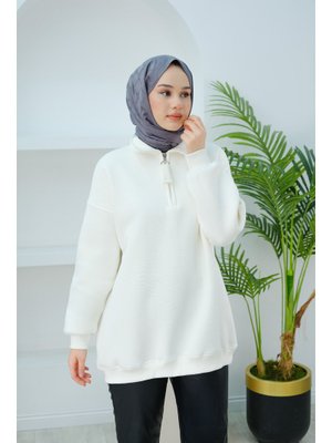 Beyaz Yarım Fermuar Detay Sweat Beyaz Yarım Fermuar Detay Sweat