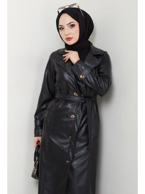 Siyah Kruvaze Yaka Kuşaklı Deri Trençkot