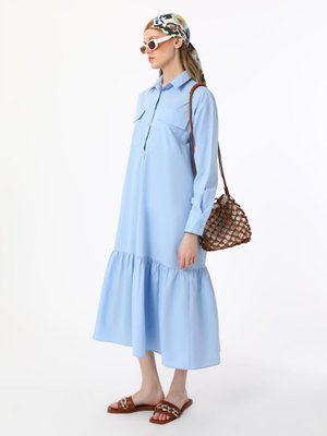 Mavi Cep Detaylı Poplin Elbise