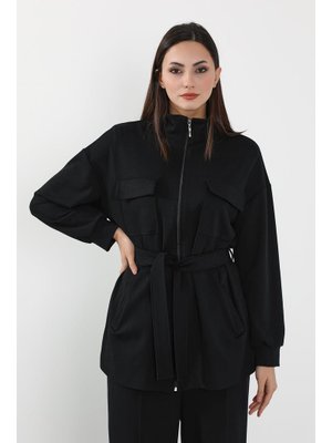 Siyah Fermuarlı Cepli Swet Ceket,sw