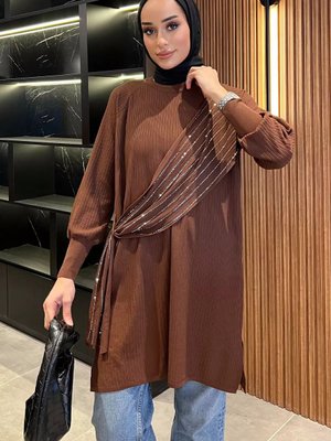 Kahve Bisiklet Yaka Taş Detaylı Tunik Kahve Bisiklet Yaka Taş Detaylı Tunik