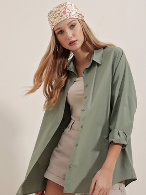 Haki Oversize Uzun Basic Gömlek Haki Oversize Uzun Basic Gömlek