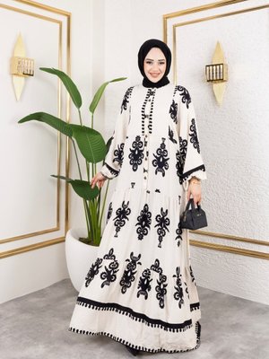 Beyaz Önü Düğmeli Hakim Yaka Ve Büyük Battal Beden Balon Kol Dokuma Viskon Elbise Beyaz Önü Düğmeli Hakim Yaka Ve Büyük Battal Beden Balon Kol Dokuma Viskon Elbise