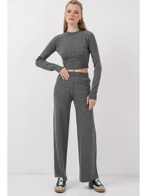 Füme Crop Kazak Pantolon Triko Alt Üst Takım