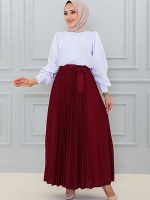 Kuşaklı Pileli Uzun Etek Bordo Kuşaklı Pileli Uzun Etek Bordo