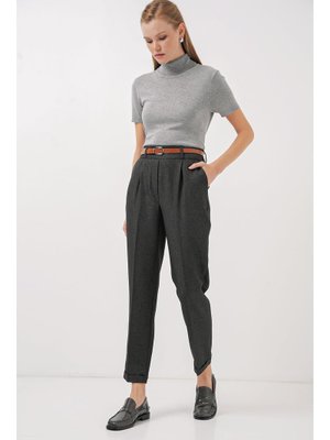 Füme Pileli Kemerli Kumaş Pantolon Füme Pileli Kemerli Kumaş Pantolon