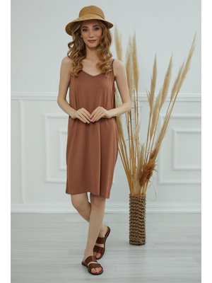 Koyu Kahverengi Askılı Penye Kısa Elbise,elb