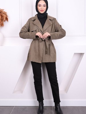 Haki Bel Kuşaklı Nubuk Ceket Haki Bel Kuşaklı Nubuk Ceket