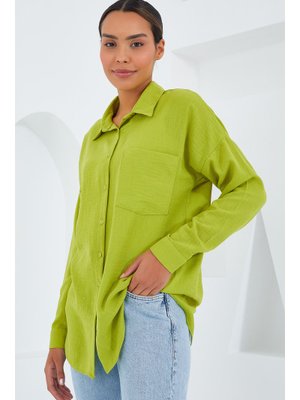 Yağ Yeşil Tek Cepli Oversize Keten Gömlek Yağ Yeşil Tek Cepli Oversize Keten Gömlek