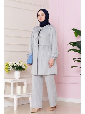 Gri Önü Bağlamalı Pantolonlu Takım