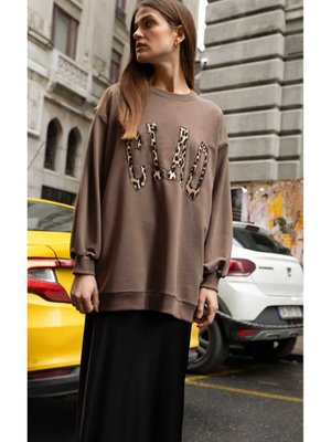 Leopar Aplikeli Sweatshırt Toprak Leopar Aplikeli Sweatshırt Toprak