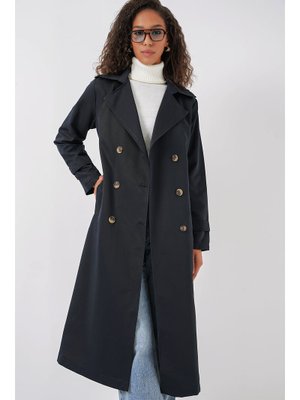 Lacivert Kruvaze Yaka Uzun Trençkot Lacivert Kruvaze Yaka Uzun Trençkot