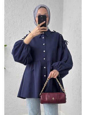 Lacivert Dantel Detaylı Balon Kol Tunik